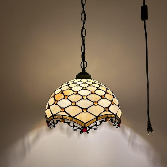 Tiffany Pendant Lights Plug In Beige Stained Glass Crystal Beans LED Bulb Included for Dining Room 12"W*12"D*60"H