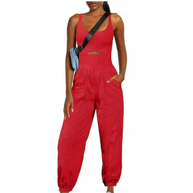 aidice Athletic Jumpsuits for Women Summer U Neck Sleeveless Keyhole Crisscross Backless Jogger Rompers