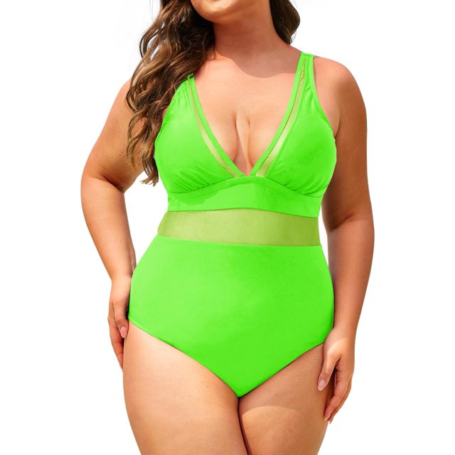 GHSDFBB Women Plus Size One Piece Swimsuits V Neck Tummy Control Bathing Suits Retro Ruched Swimwear