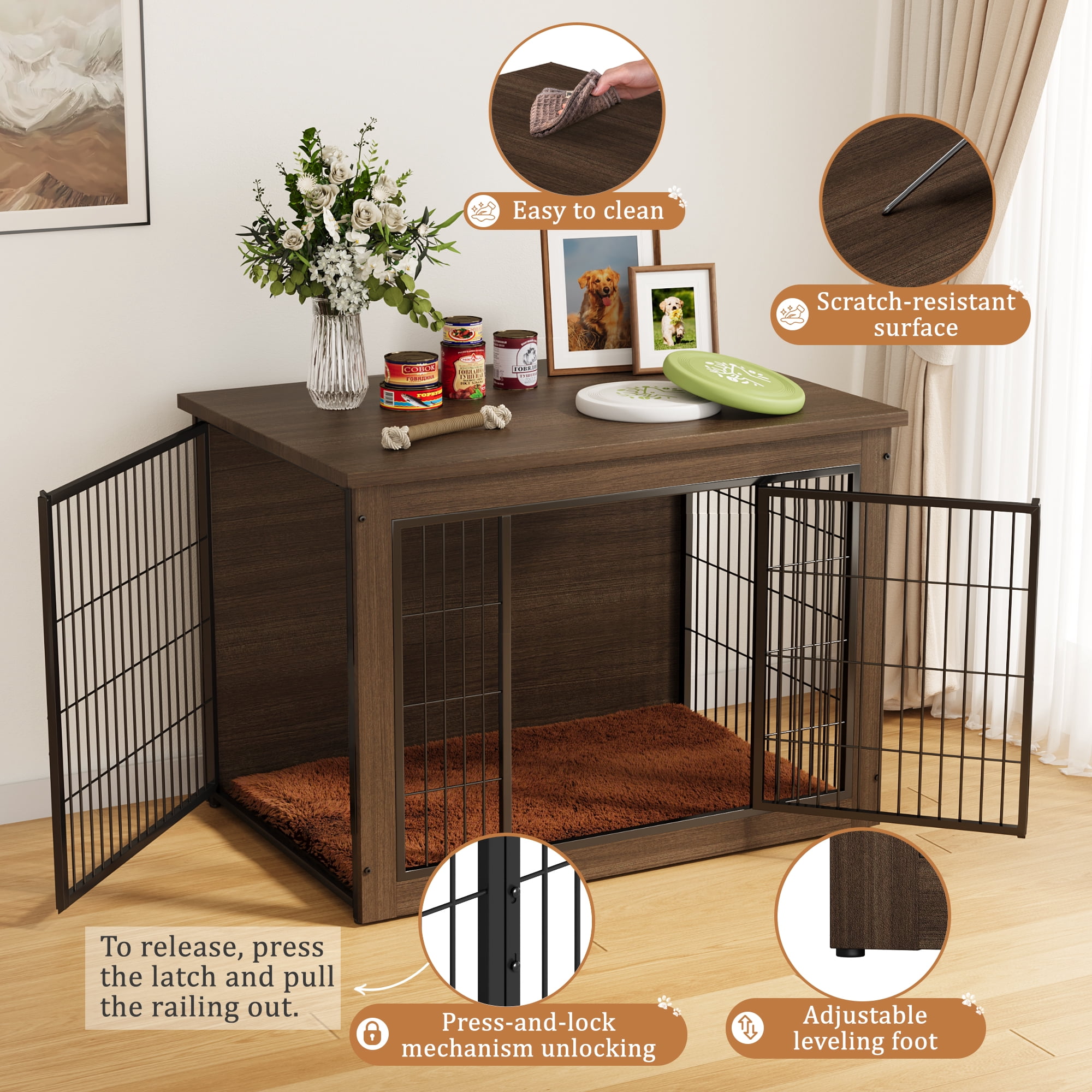 Furmax Heavy-Duty Wooden Dog Crate 2-Door Furniture Style Kennel with Chew-Proof Design & Removable Cushion, End Table for Small, Medium, Large Dogs