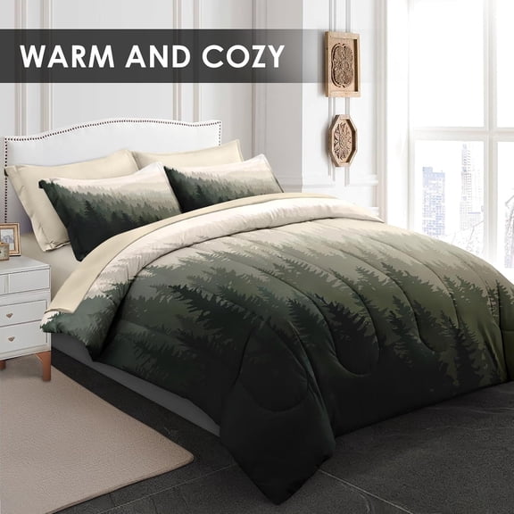 Comforter Set Queen Size, Mountain Pine Tree 7 Pcs Bedding for Kids and Adults, Natural Forest Landscape Bed Sheet Sets with Fitted Sheet 2 Pillowcases & 2 Shams