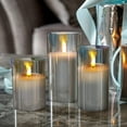 thumbnail image 4 of Juego de velas sin llama de cristal gris, 3 piezas (D: 3"XH: Vela parpadeante con pilas de 4 pulgadas/5 pulgadas/6 pulgadas, vela de columna LED de cera real, con temporizador de control remoto de 10 teclas, para decoración de fiestas y días festivos. Rojo Verde, 4 of 5