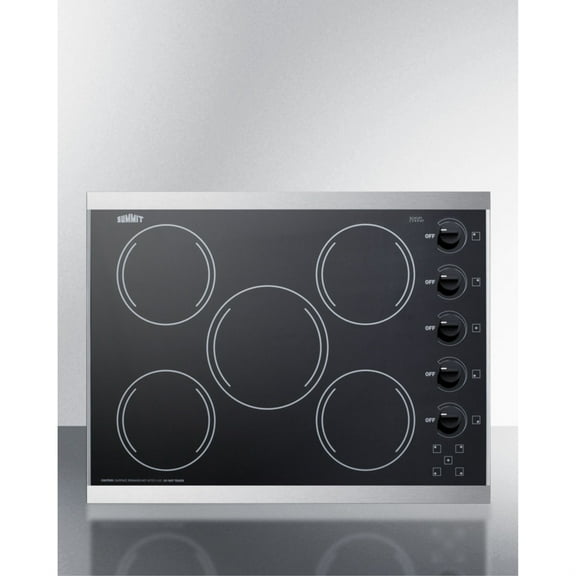 27" wide 5-burner radiant cooktop made in the USA in smooth black ceramic glass finish and oversized SS trim
