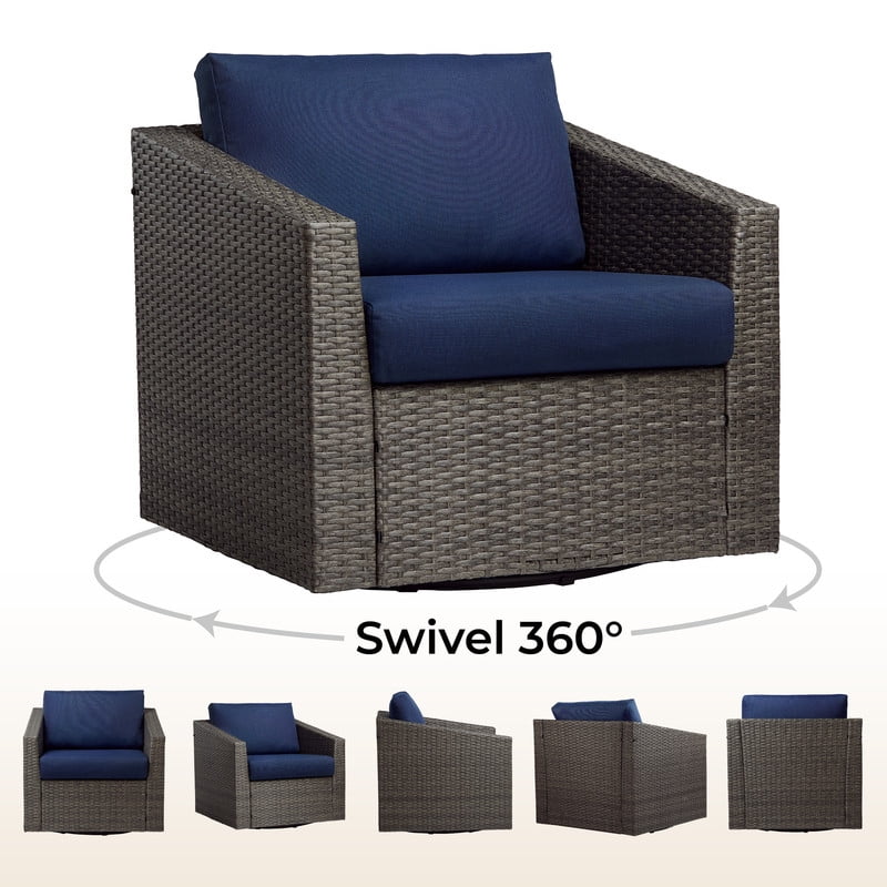 CHITA 2-Piece Outdoor Swivel Gray Wicker Chair with Cushion, Blue