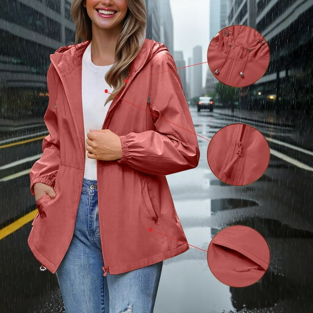 Liquidation sous 10!Ofreoo Veste Imperméable Portable Unie pour Femmes Imperméable Manteau de Pluie avec Capuche Offres d'Été Rouge m