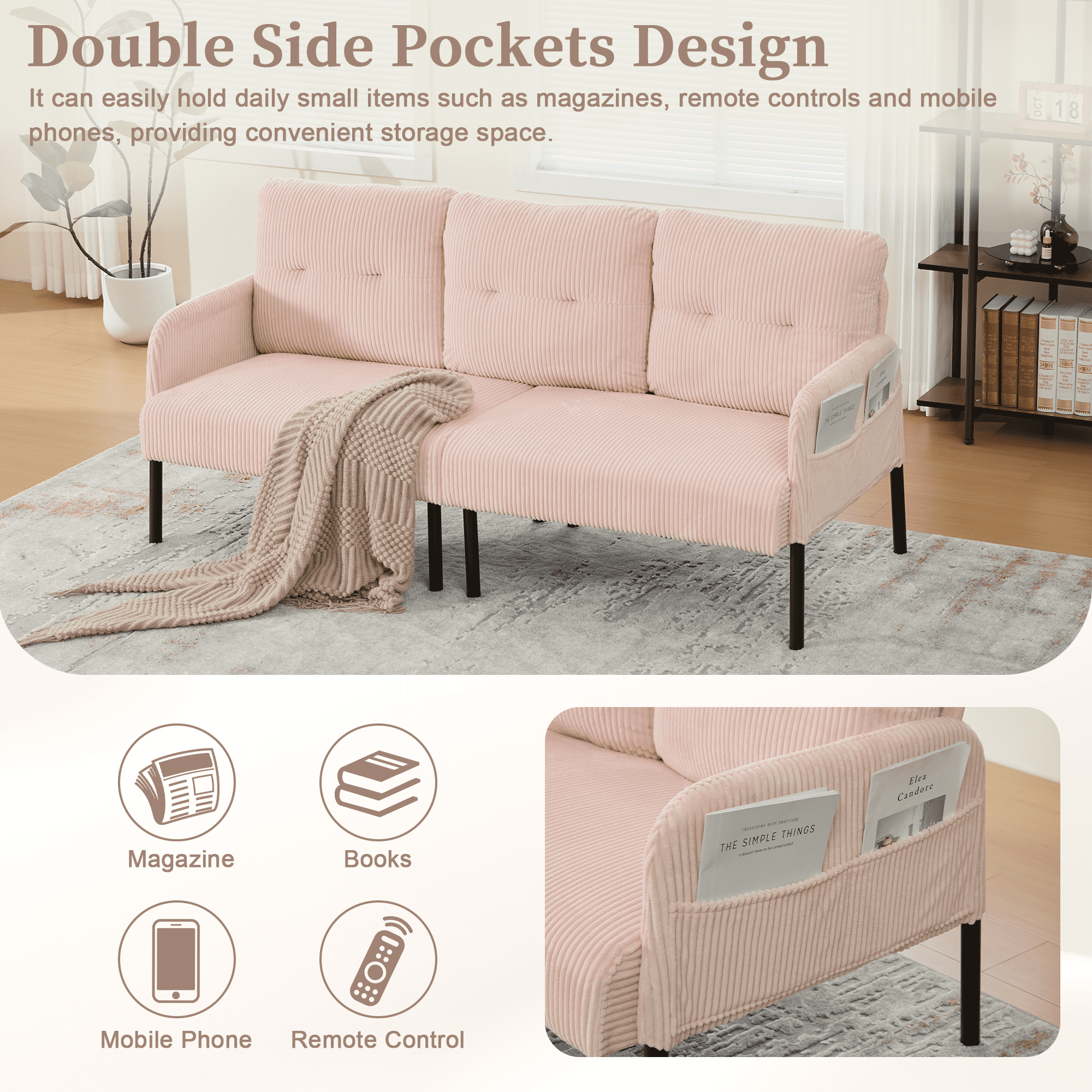 Loveseat, Small Sofa, Couch, Oversized Corduroy 2-Seater Sofa with Side Storage Pockets and Sturdy Metal Legs for Apartment, Dorm or Living Room, Pink