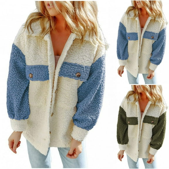 Olyvenn Women's Winter Coats Color Block Lapel Button Down Fleece Sherpa Jacket Casual Trendy Warm Outerwear Blue M