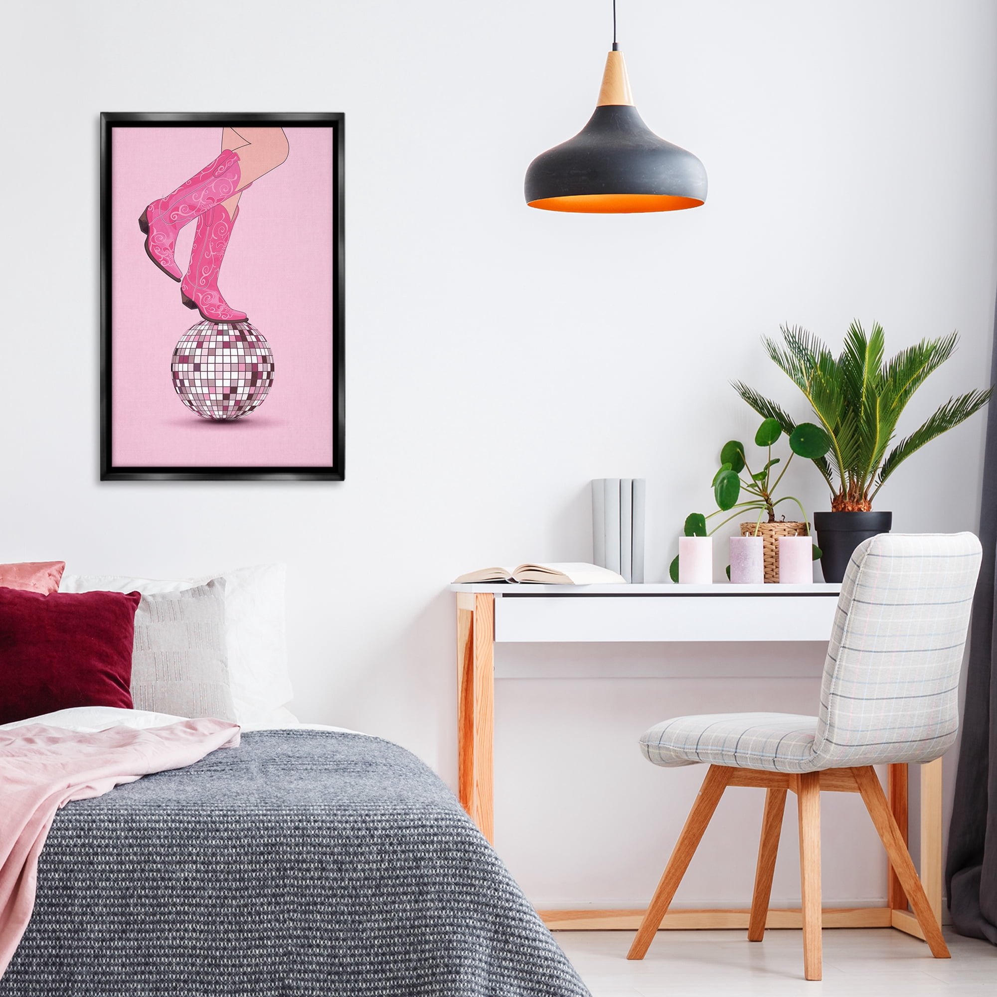 Stupell Industries Pink Cowgirl on Disco Ball People Painting Black Floater Framed Canvas Art Print Wall Art, 21 x 31