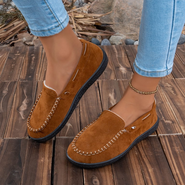 Viluyesy Womens Suede Loafers, Soft Sole Fleece Lining Round 