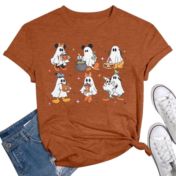 KimSoong Women Halloween Pumpkin T-Shirt Cute Ghost Graphic Shirt Spooky Season Tee Fall Graphic Short Sleeve Tee