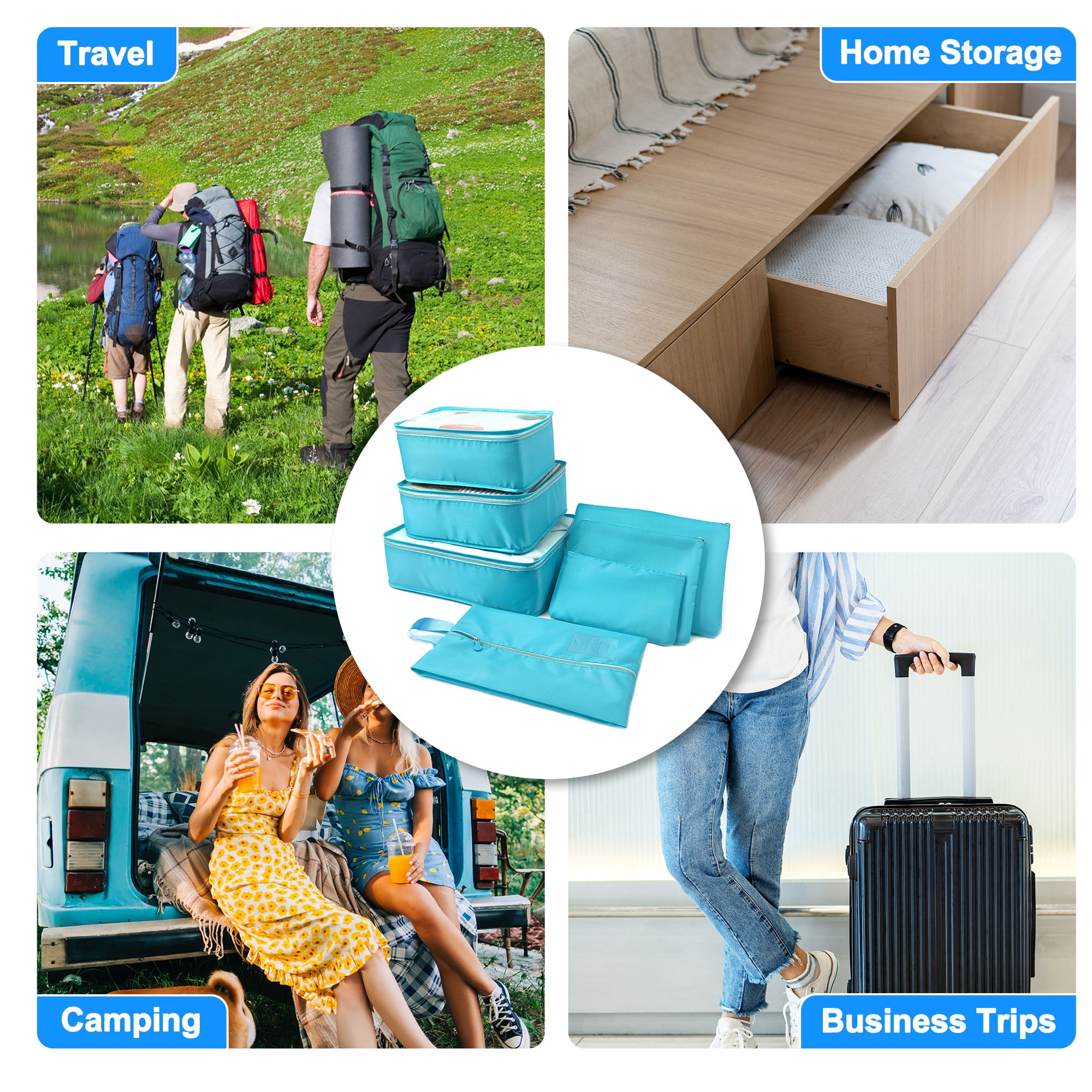Unique Bargains 7Pcs Zipper Design Packing Cube Set For Luggage Sky Blue