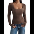 thumbnail image 1 of Camisas de Larga para Mujer, Cuello Cuadrado, Tops Cortos de Punto Acanalado, Conjuntos de Otoño, Ropa de Moda Marrón XL, 1 of 10