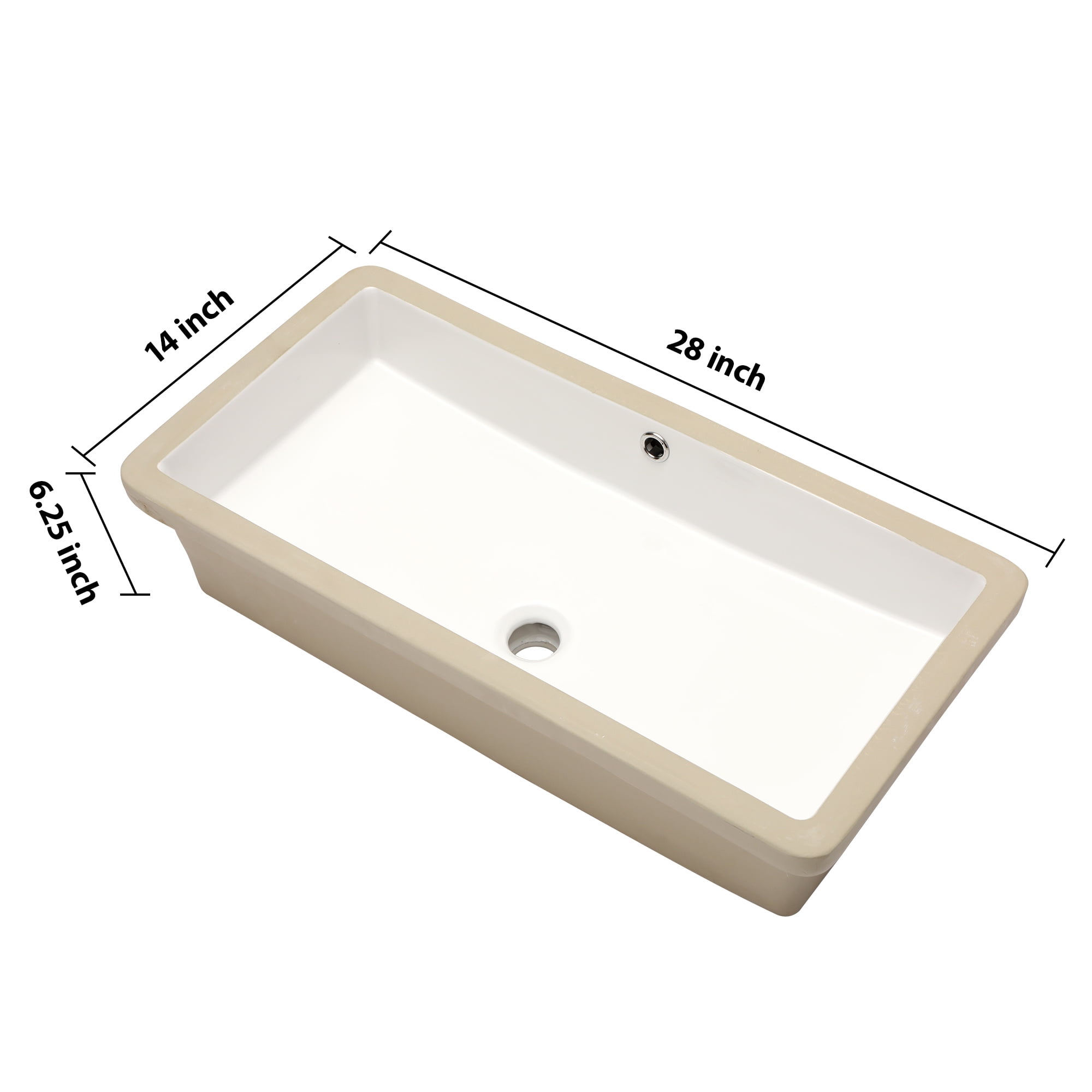 28"×14"×6.25" White Ceramic Rectangular Undermount Bathroom Sink with Overflow Hole