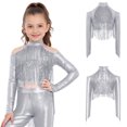 thumbnail image 3 of iiniim Girls Metallic Sequin Tassel Crop Top Cold Shoulder Cutout Back Long Sleeve Latin Jazz Dance Shirt Silver 10, 3 of 7