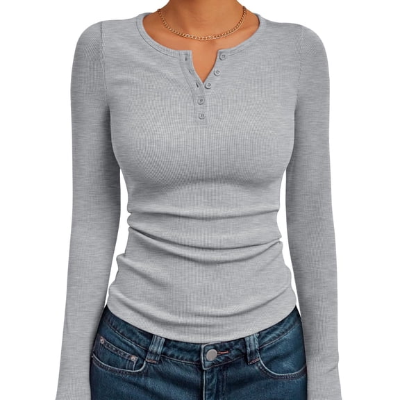 Lumtrix Women's Long Sleeve Button Down Tops Ribbed Knit Slim Fitted Trendy T Shirt Basic Tees 2026 Spring Fashion Tops Light Gray 2XL