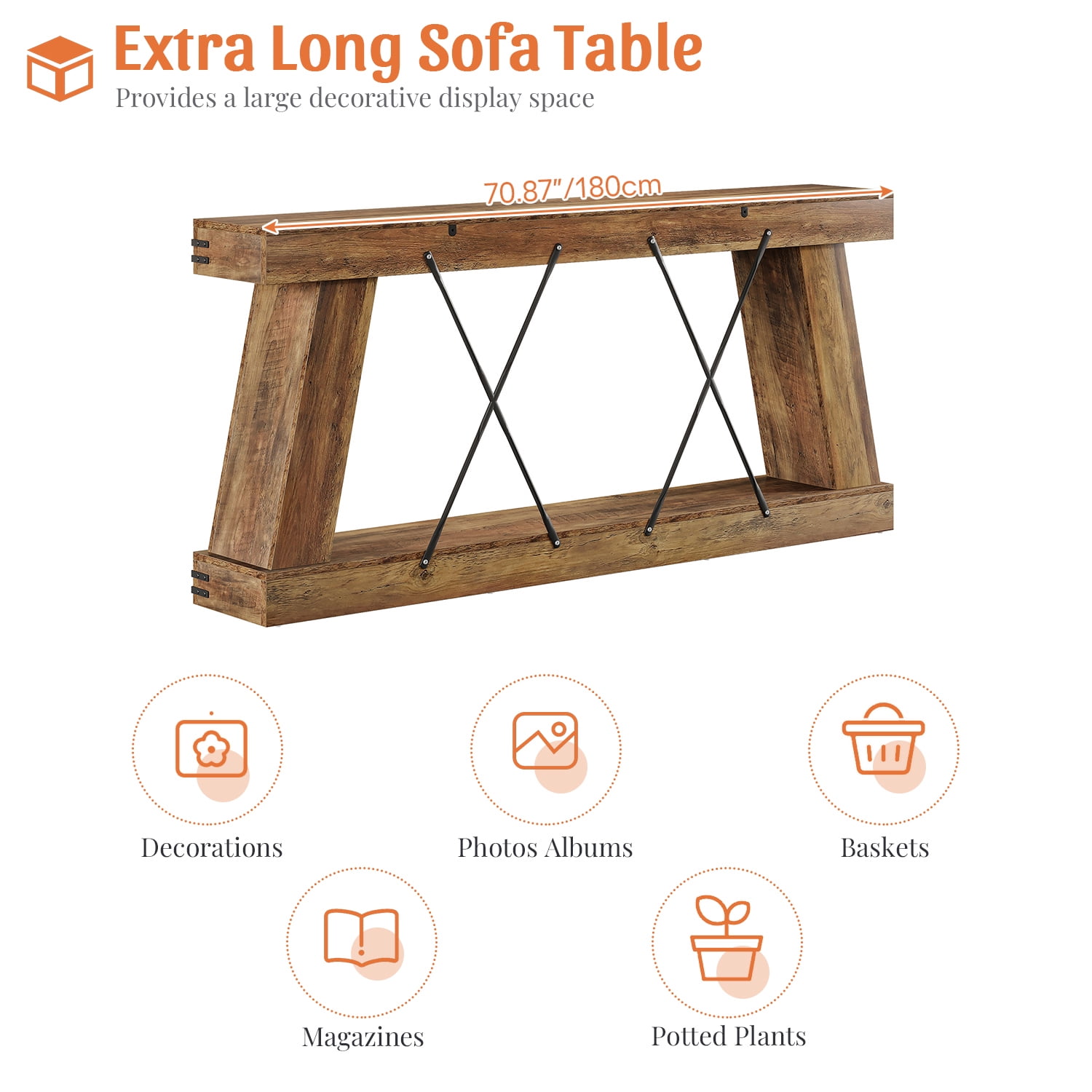 Demi Bonn 70" Rustic Wooden Console Table, Entryway Sofa Table, 2-Tier Hall Display, Sturdy and Stylish for Living Room, Home Decor, Brown