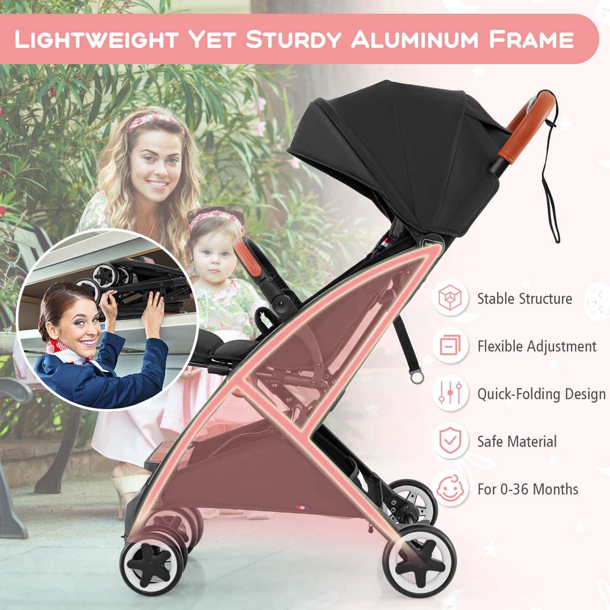 Costway Lightweight Baby Stroller Aluminium Frame with Net for Travel Black