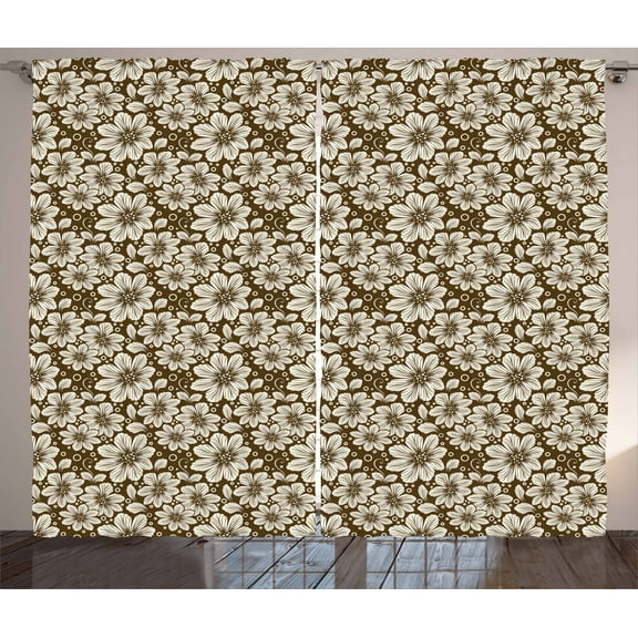 Ambesonne Brown and Cream Curtains 2 Panel Set, Retro Cosmos Flower, 108" x 108", Brown and Cream