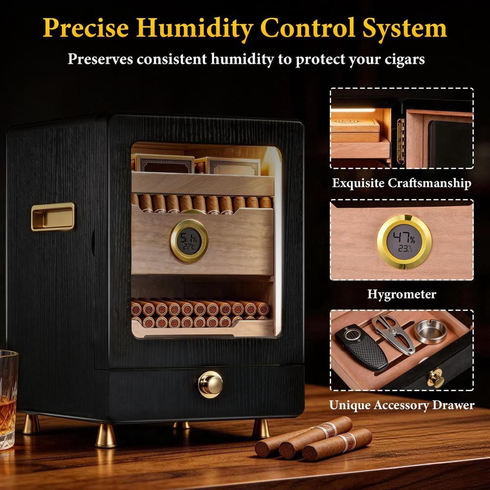 Cigars Humidor Cabinet with Cedar Wood Drawer, Precision Hygrometer and 3 Humidifiers, Christmas Gift for Cigars Lovers