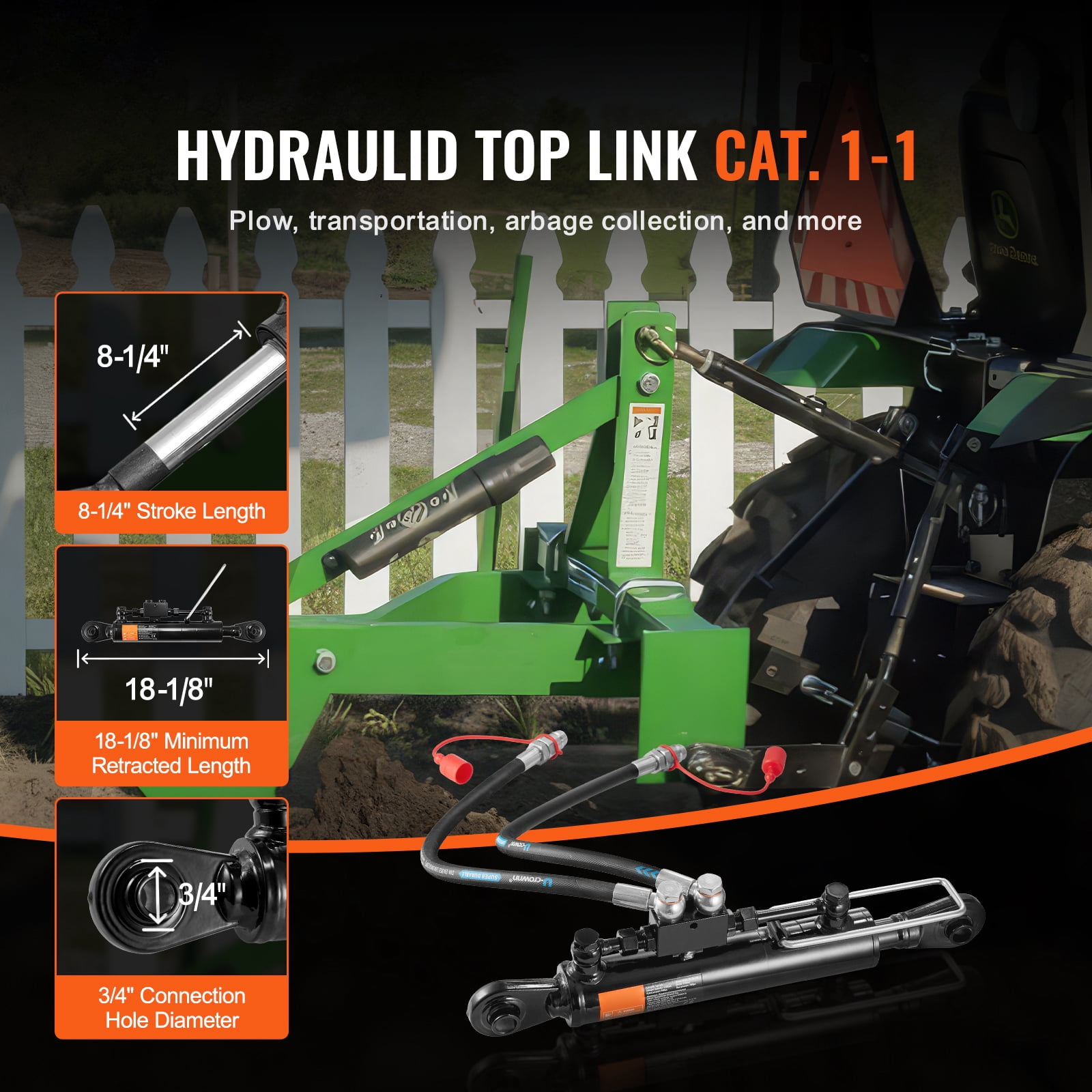 KFFKFF Hydraulic Adjustable Link Cat.1-1 (8.25 inches, 18.125~26.375 inches), Including Hydraulic Cylinder, 2 Hoses, & G3/8'' Valve