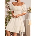 thumbnail image 3 of Apricot Square Neck Ruched Waist A-Line Dress With Puffed Sleeves And Tiered Hem, 3 of 6