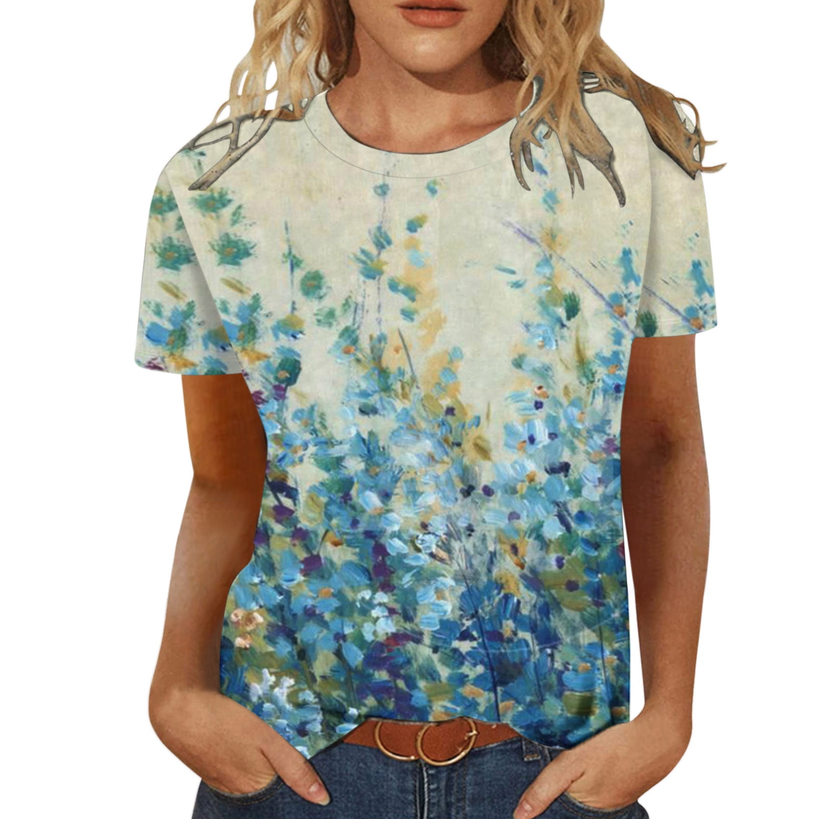 Womens T Shirt Summer Printed Short Sleeve Loose Tops Summer Graphic Tees Floral Blouses Tees 