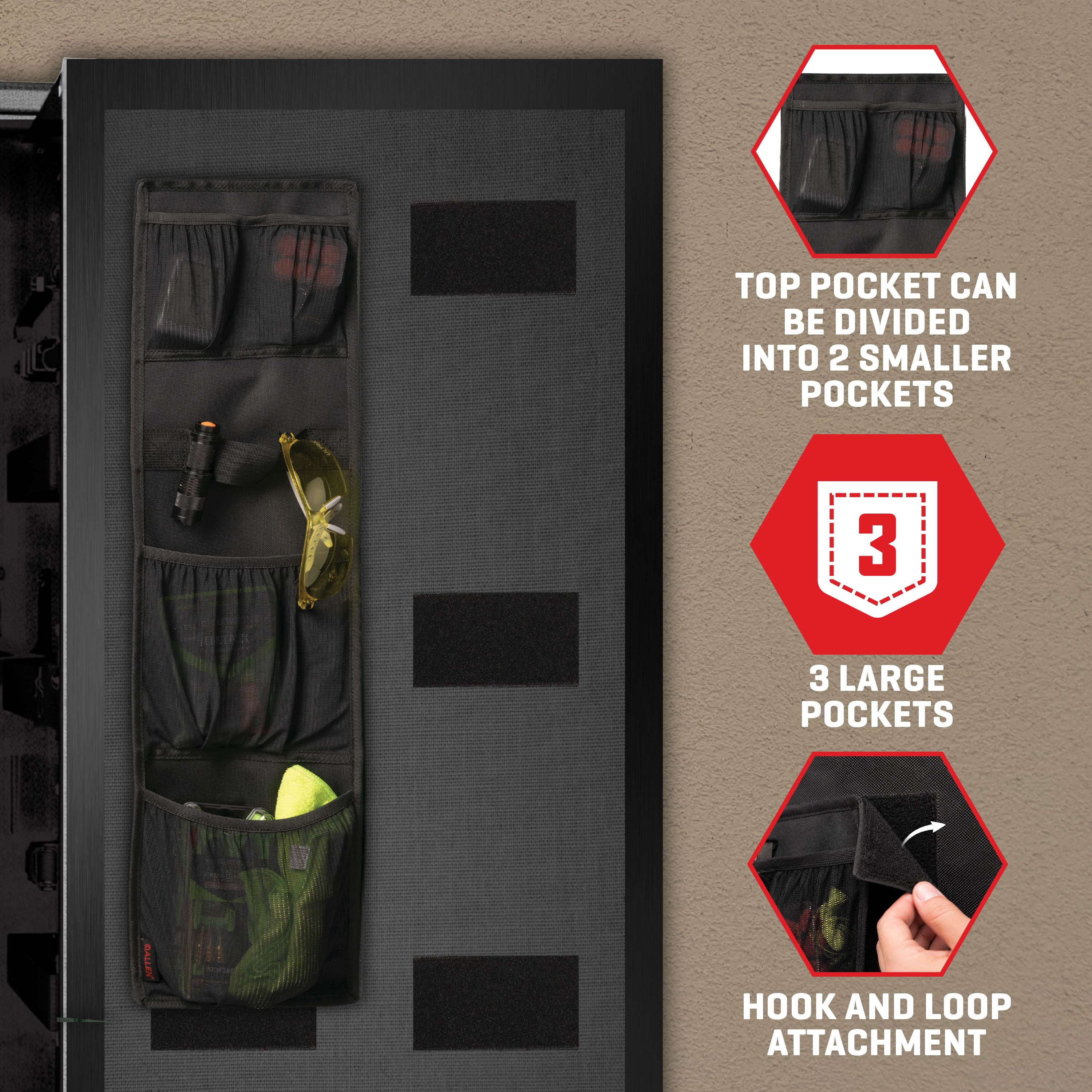 Allen Company Safe Door Organizer, 3 Storage Pockets, Hook and Loop Mount