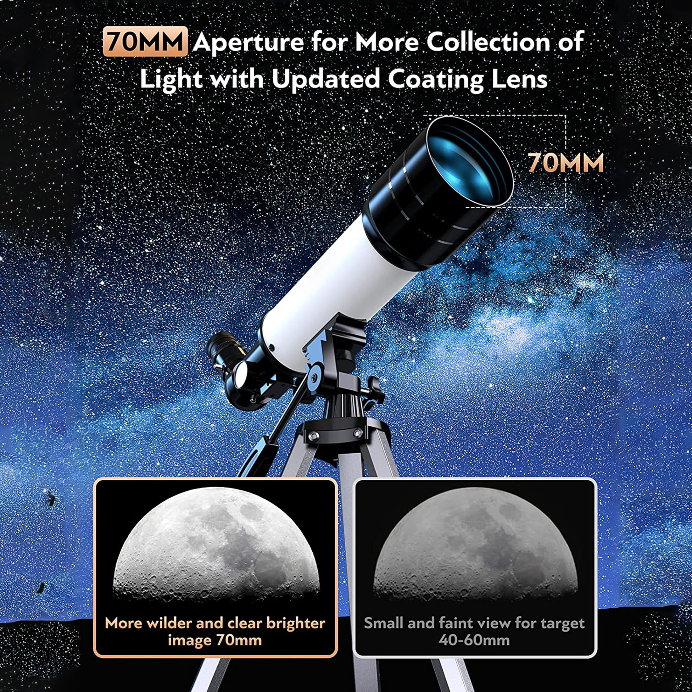 SUGIFT Telescope for Kids and Beginners 70mm Aperture 400mm AZ Mount Telescope with Tripod, Silver - image 5 of 7