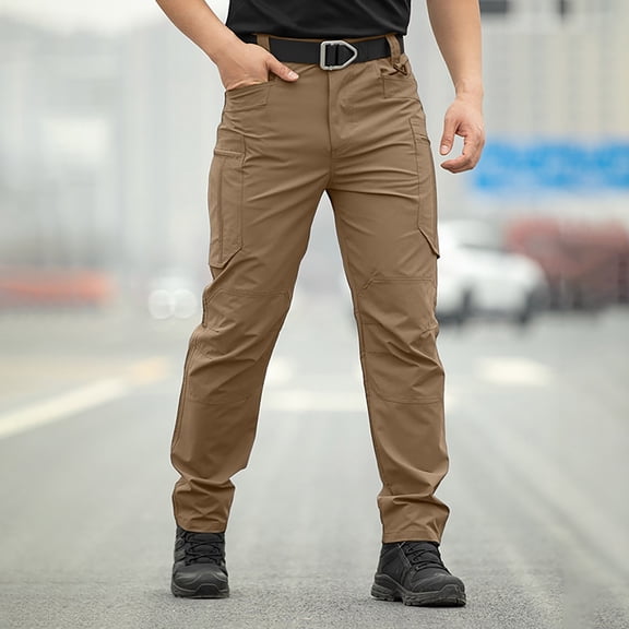 Ceisia Mens Multi Pocket Belted Tactical Cargo Pants Quick Dry Water Resistant Straight Leg Outdoor Combat Pants for Men Brown L Gifts for Father
