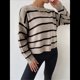 thumbnail image 4 of Suéter de Rayas con Hombros Caídos para Mujer, Suéter de Punto de Cuello Redondo Extragrande, Top Tipo Jersey. Caqui L, 4 of 10