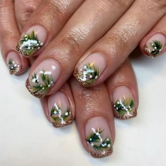 Christmas Press On Nails Medium Square False Nails French Tip Design Christmas Tree Stick On Nails Full Cover 24pcs