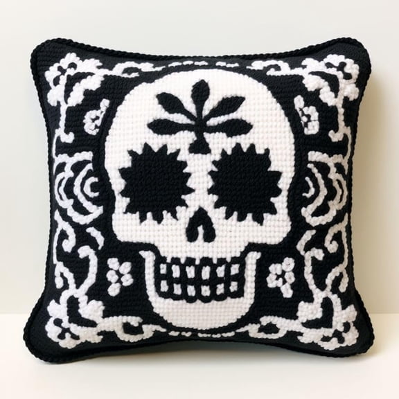 Skull Outline Latch Hook Kits Pillow DIY Rug Crochet Hook Cushion Making Kits with Preprinted Pattern Canvas Instruction Yarns Easy Starter Christmas Decoration Hooking DIY Kits 43x43cm(d4)