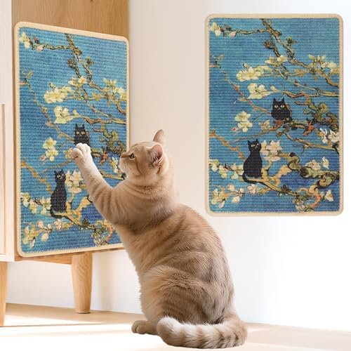 Sisal Cat Scratcher Mat, Cat Wall Scratcher for Indoor Cats, 23.6x15.7 Inch Cat Scratch Pad with Hook & Loop, Wall Mounted Cat Scratching Post to Protect Couch and Carpet(Almond Blossoms)