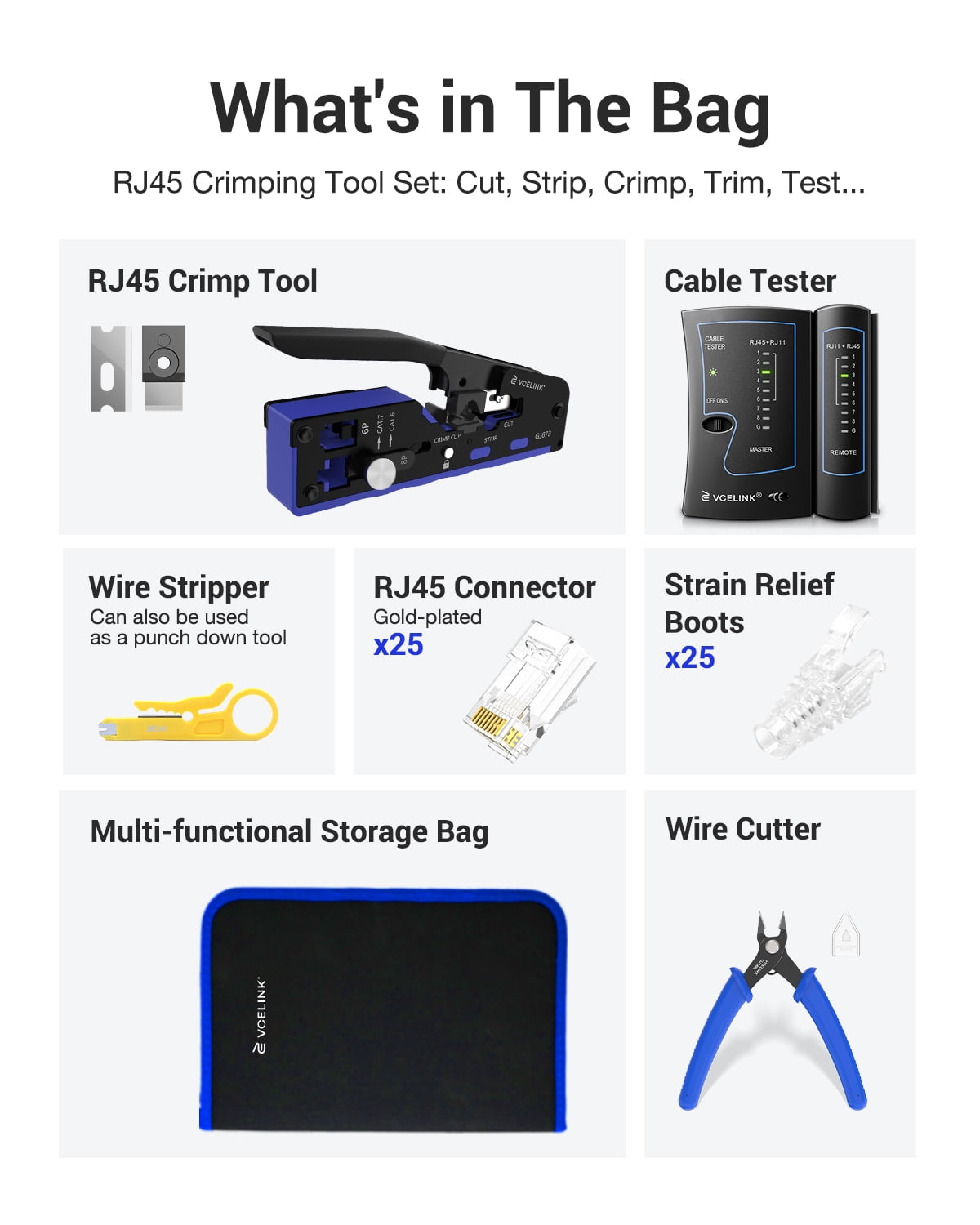 VCELINK Ethernet Crimping Tool Kit for CAT7/CAT6A/CAT6/CAT5E/CAT5, RJ45 Crimp Tool Set with an Ethernet Crimper, Cable Tester, Wire Stripper and Cutter in a Cloth Bag