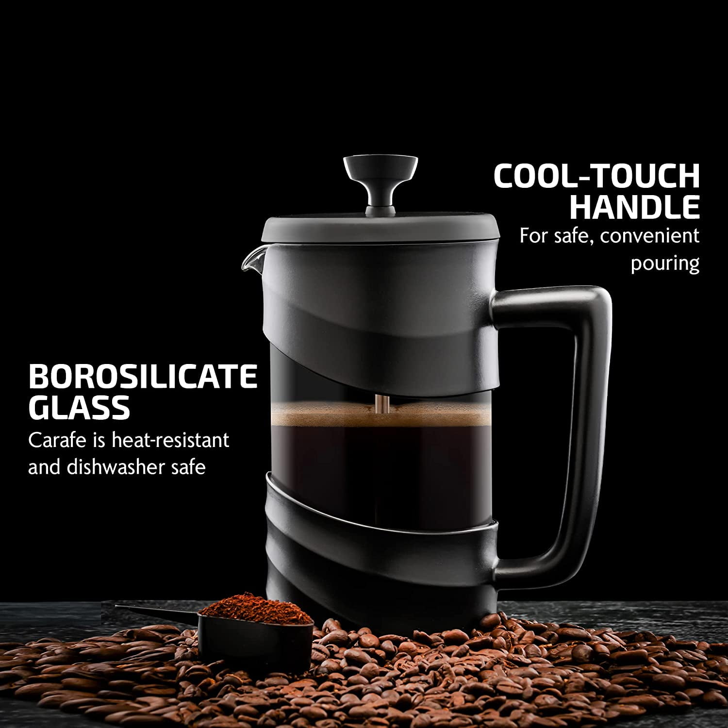 OVENTE French Press Coffee Maker 20 Ounce with Heat Resistant Borosilicate Glass & Stainless Steel 4-Level Filtration System, Portable Cold Brew Coffee Maker for Travel, Camping or Gift, Black FPW20B