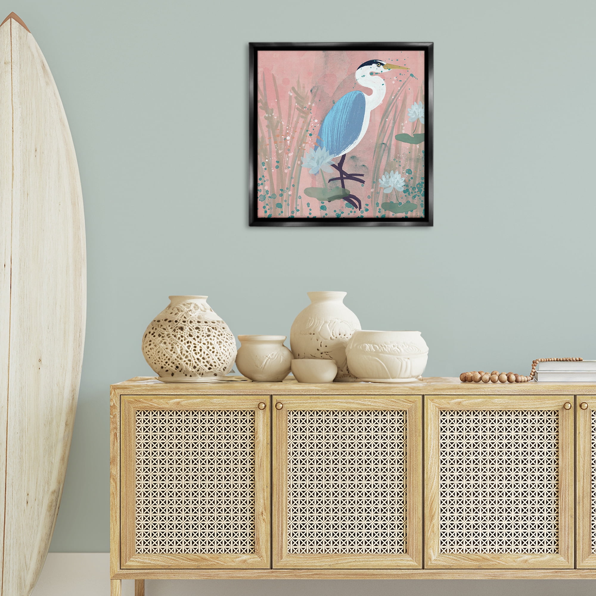 Stupell Industries Coastal Bird with Lotus Flowers Animals & Insects Painting Black Floater Framed Canvas Art Print Wall Art, 25 x 25