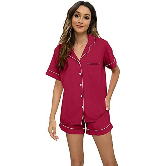 HEARTNICE Women Button up Pajama Set, Summer Lightweight Shorts Sleepwear Pjs Set,(Magenta,2XL)