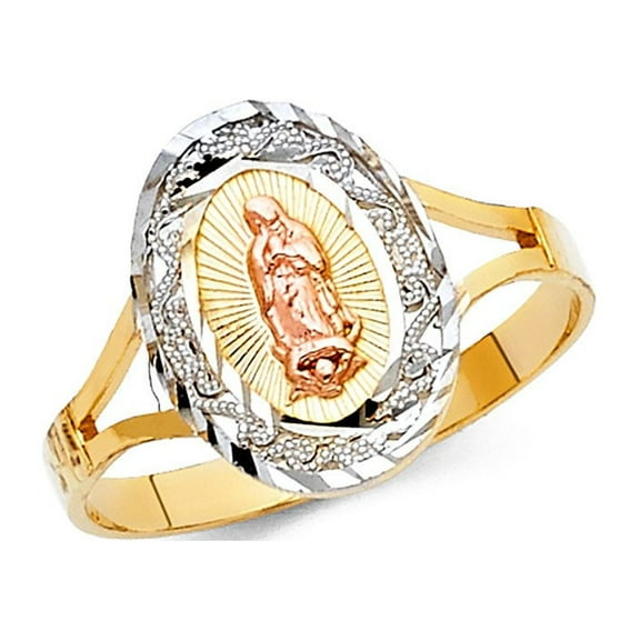 14k Tri Color Italian Gold Small Oval w/ Spiral Virgen Guadalupe Ring 15mm