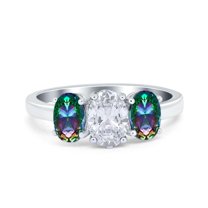 Simulated Cubic Zirconia Size-5 Three Stone Engagement Ring Oval Cut Rainbow 925 Sterling Silver
