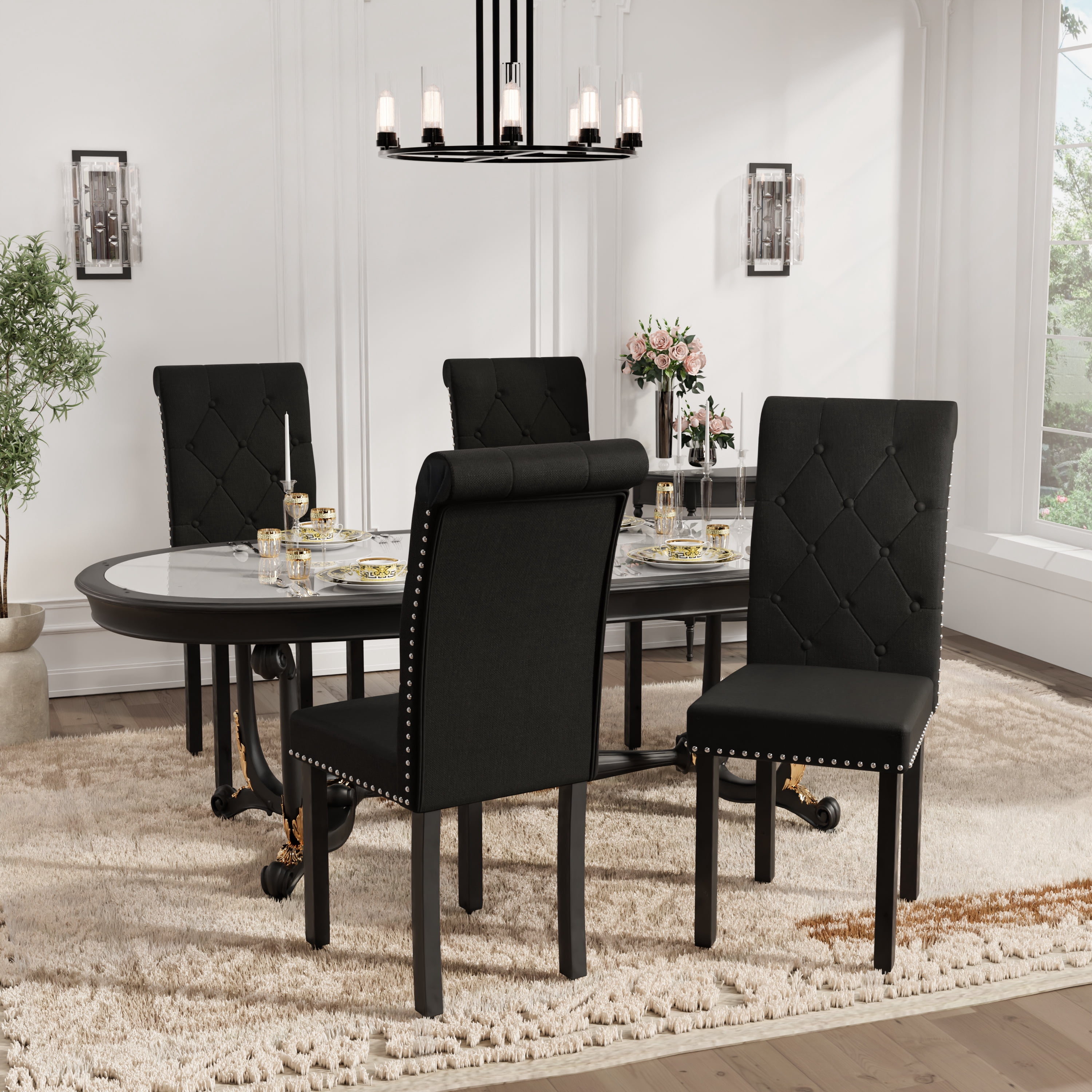 DONICK Rolled-Up High-Back Upholstered Dining Chairs With Tufted Solid Wood Legs Nailhead Trim For Home,Restaurant,Dining Room(Black,Set of 2)