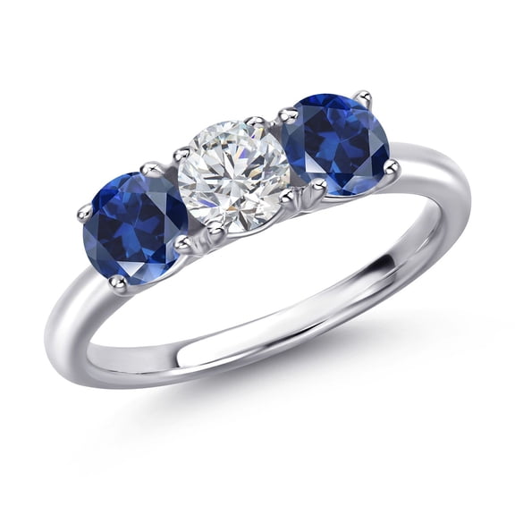 Gem Stone King 925 Sterling Silver Lab Grown Diamond and Blue Created Sapphire Engagement Ring for Women | 1.70 Cttw | Round 5MM | Gemstone April Birthstone | Size 7