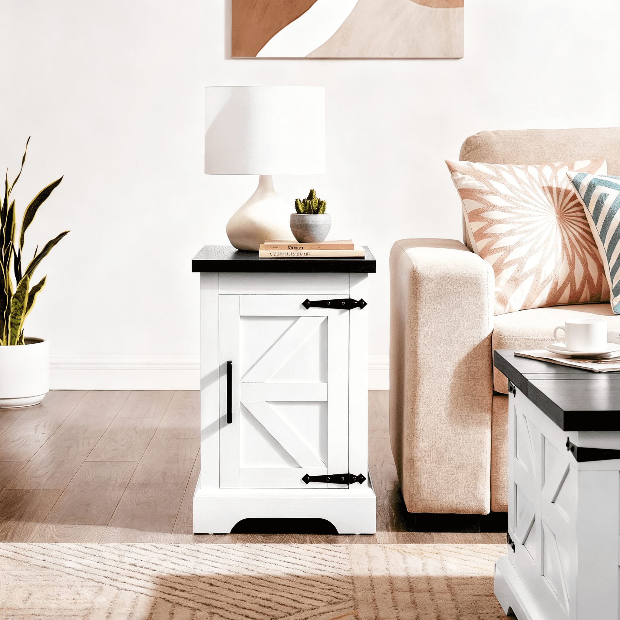 Farmhouse end table Nightstand Rectangular Farmhouse End Table with Barn Door and Adjustable Storage Shelf, Rustic Sofa Side Table for Living Room, Bedroom, White