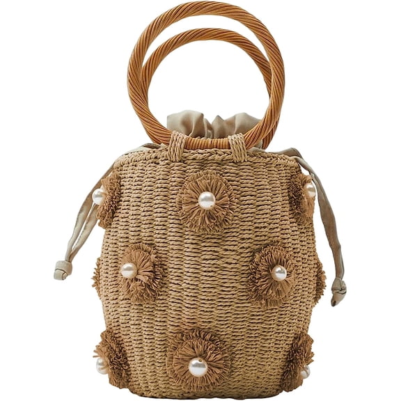 Kukuzhu Summer Straw Bag for Women Pearl Flower Bucket Tote Bag Diamond Handbag Hand Woven Rattan Shell Purse Drawstring