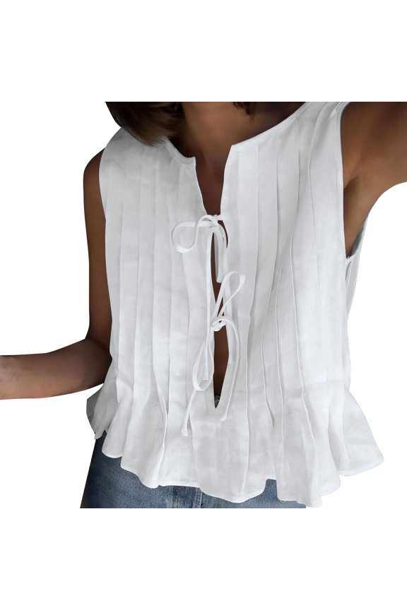 Basic T Shirts Linen Bow Front Vest Women's Pleated Skirt Dress Ruffled Shirt Sleeveless Waist Cinching Coat Women's Short Sleeve Shirts White L