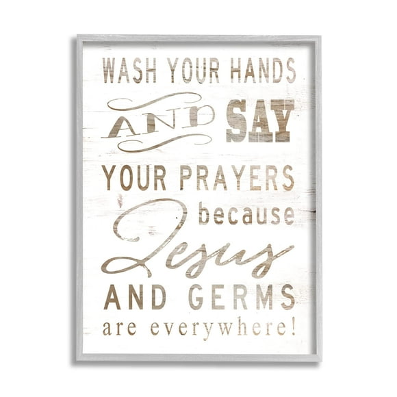 Stupell Industries White Wood Look Jesus and Germs are Everywhere Wash Your Hands Sign Design by Cindy Jacobs Gray Framed Wall Art 24 x 30