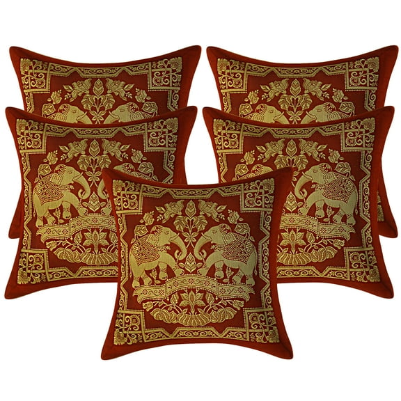 Stylo Culture Indian Decorative Sofa Brocade Burgundy Maroon And Gold Throw Pillow Covers 12x12 Jacquard Weave Banarasi Throw Cushion Covers Elephant Floral 30x30 cm Cushion Covers (Set Of 5)