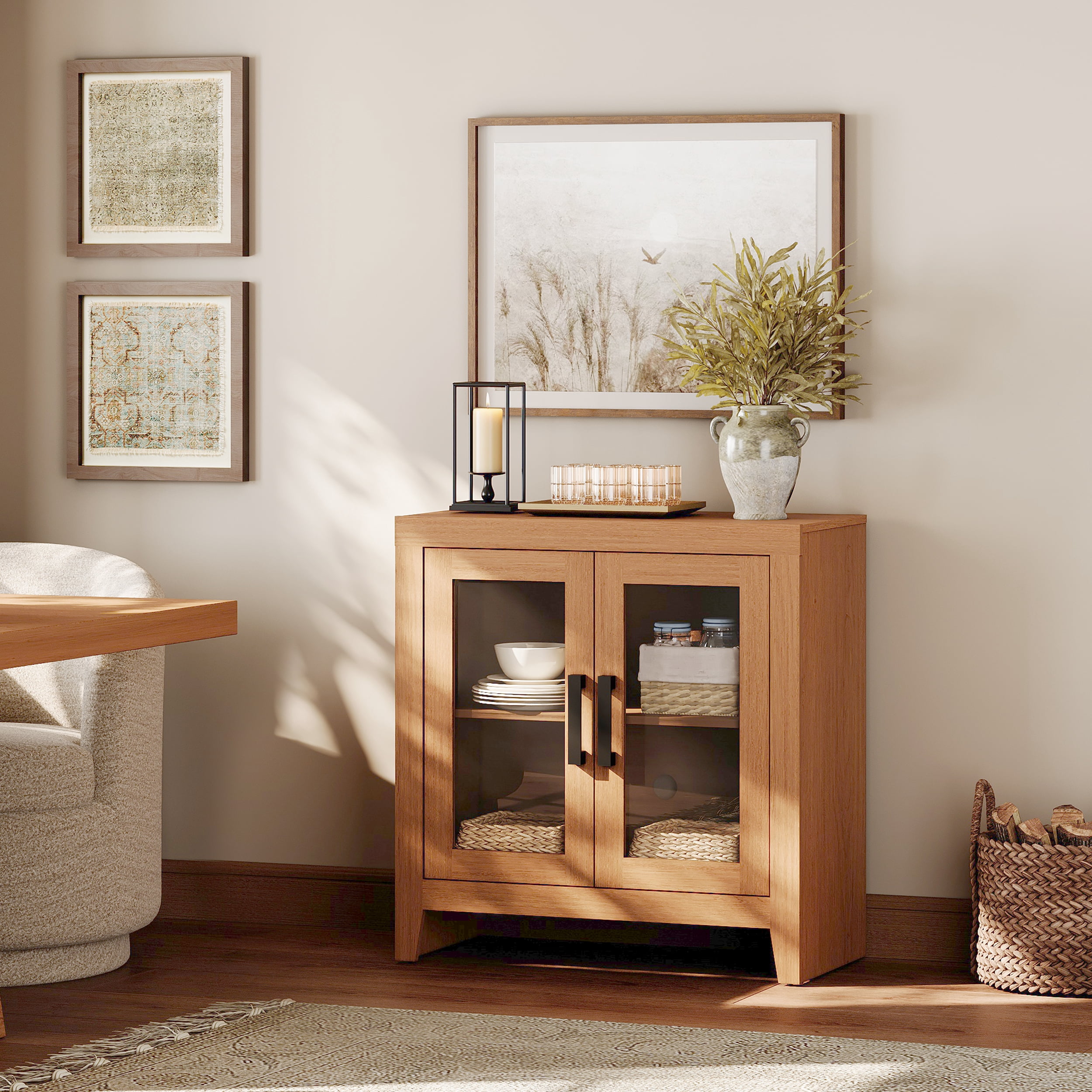 WAMPAT Modern Farmhouse TV Stand up to 40"TV, Entertainment Center with Tempered Glass Doors & Adjustable Shelves, Mocha