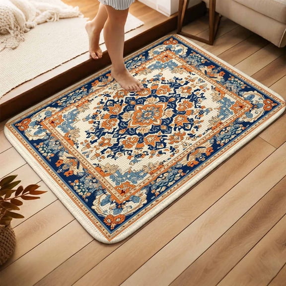 Blue Burnt Orange Boho Doormat Entrance Mats, Non Slip Bathroom Rugs Front Door Mat Indoor, Antique Southwestern Art Absorbent Washable Low Profile Thin Rug for Entryway Kitchen 31.5x47.2 Inches