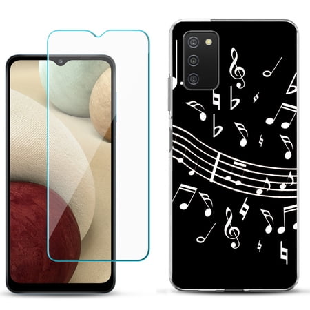Slim-Fit TPU Phone Case Compatible with Samsung Galaxy A02s with Tempered Glass Screen Protector by OneToughShield ® - Music Notes / Black
