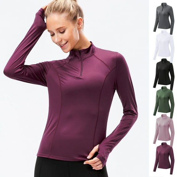 BiZtdJrK Workout Tops for Women 1/4 Zip Up Long Sleeve Running Athletic Shirts Lightweight Slim Fit Yoga Sport T Shirt with Thumb Holes Gray L